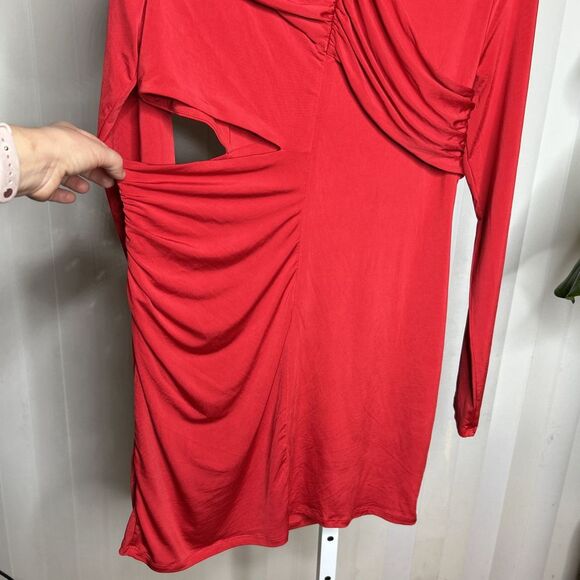 H:ours Dress Mini Red Color Draped Waist Cutout Ruched Long Sleeves Ariya Sz XL - Picture 11 of 11